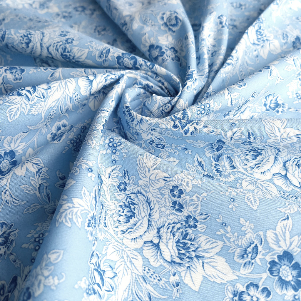 Tonal Floral Printed Cotton Poplin Fabric - Light Blue