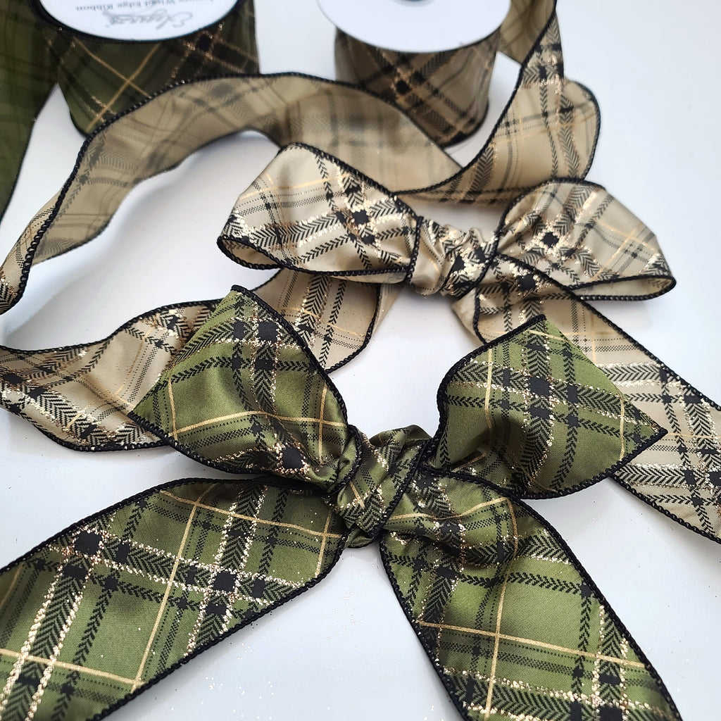 Tartan Glitter Check Taffeta Wired Ribbon 63mm wide