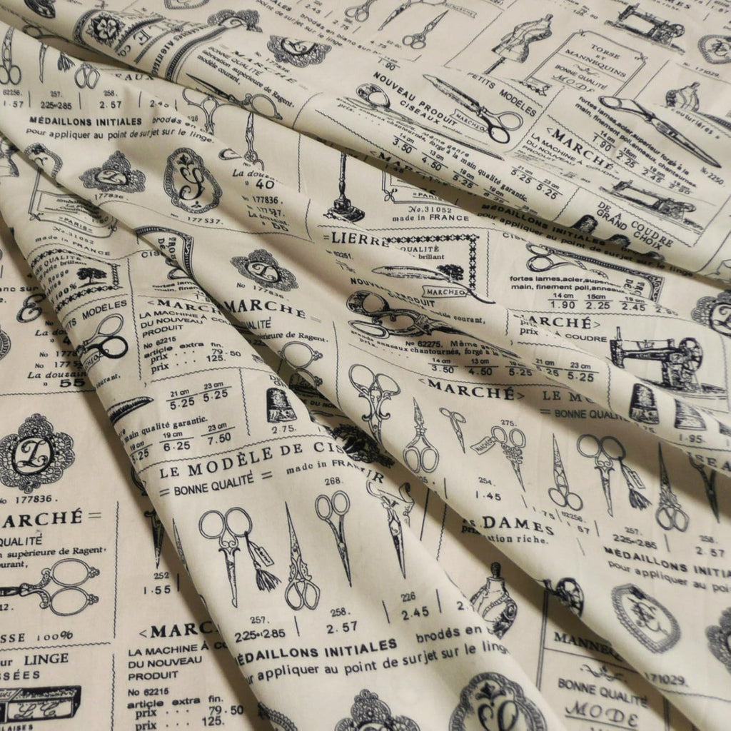 Vintage Sewing Theme Printed Cotton Poplin Fabric - Cream