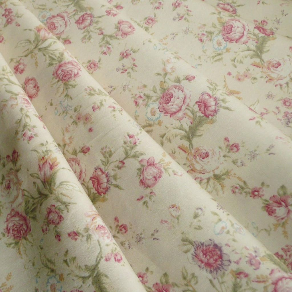 Vintage Floral Printed Cotton Poplin Fabric - Cream