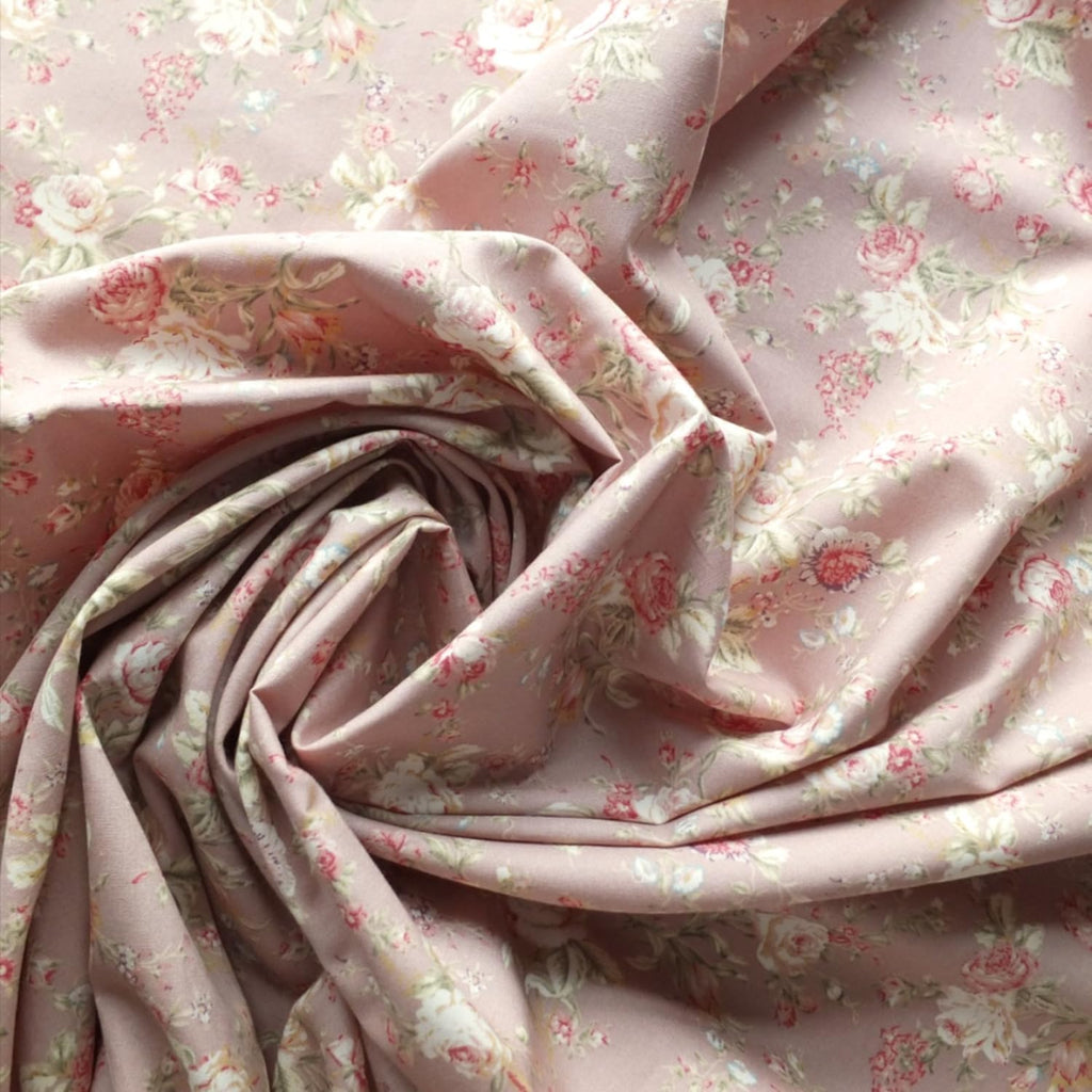 Vintage Floral Printed Cotton Poplin Fabric - Dusky Pink