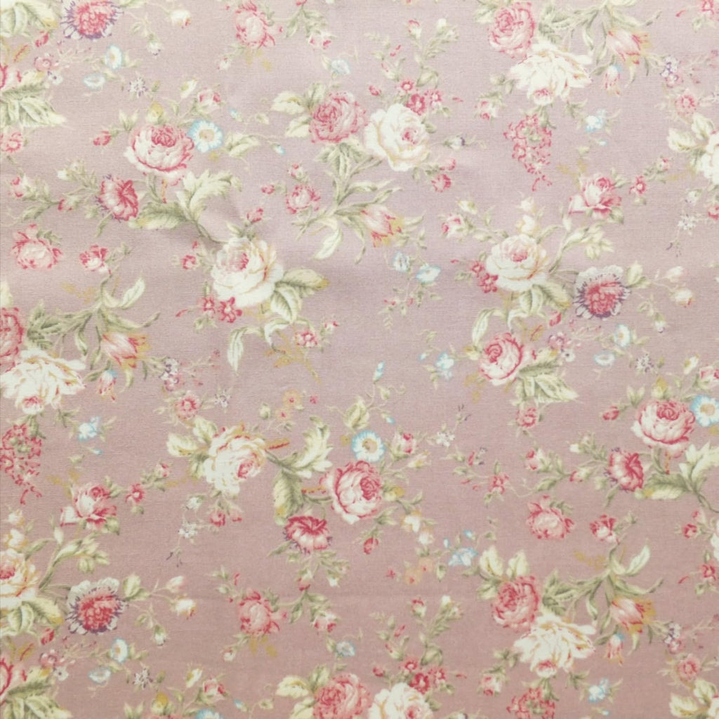 Vintage Floral Printed Cotton Poplin Fabric - Dusky Pink