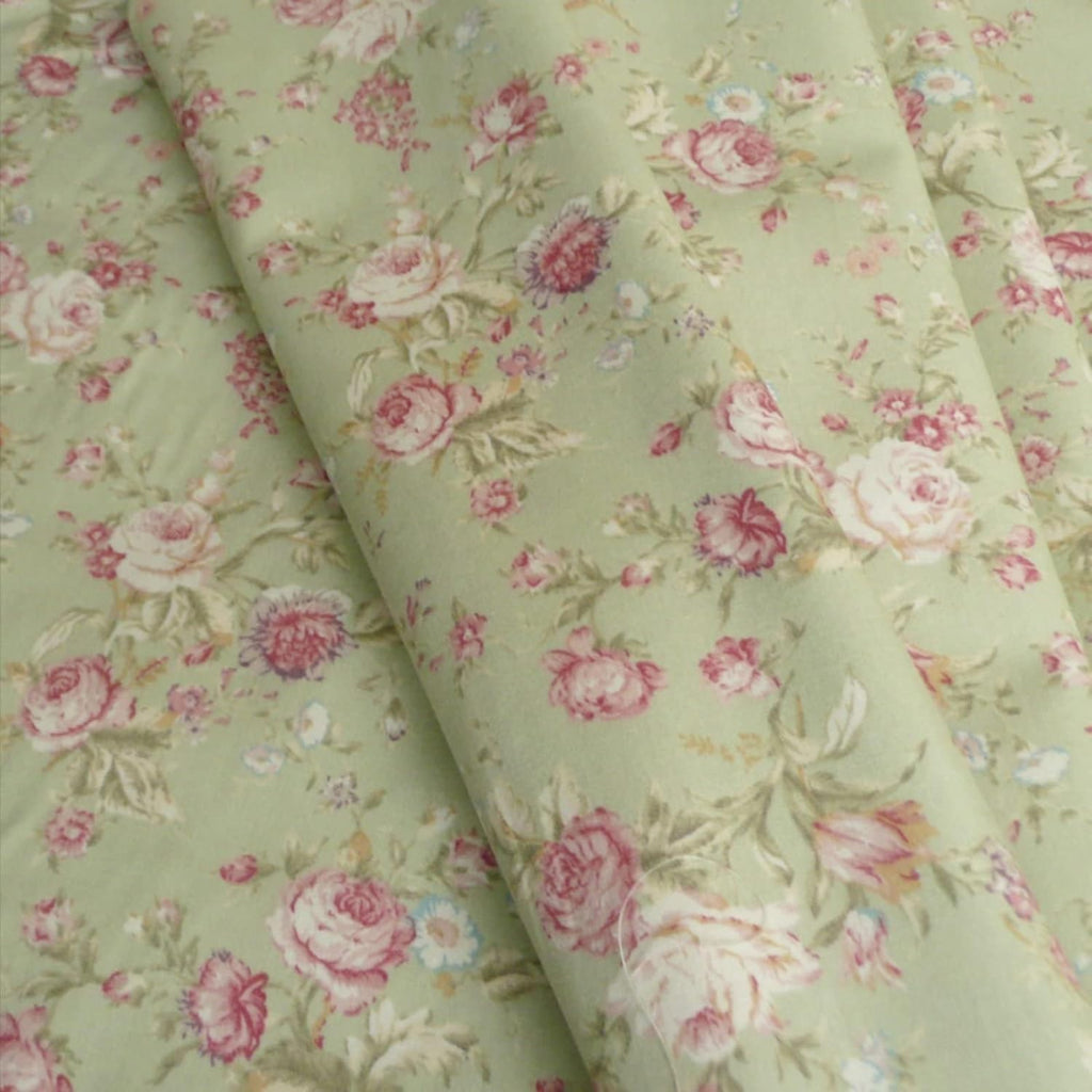 Vintage Floral Printed Cotton Poplin Fabric - Sage Green