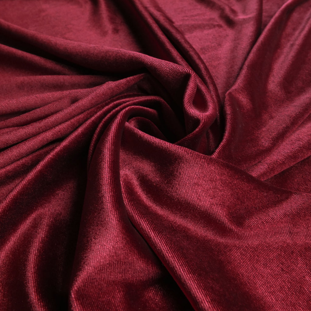 Wine Dark Red Soft Stretch Velvet Dress Fabric - Plain Knitted Jersey Velour